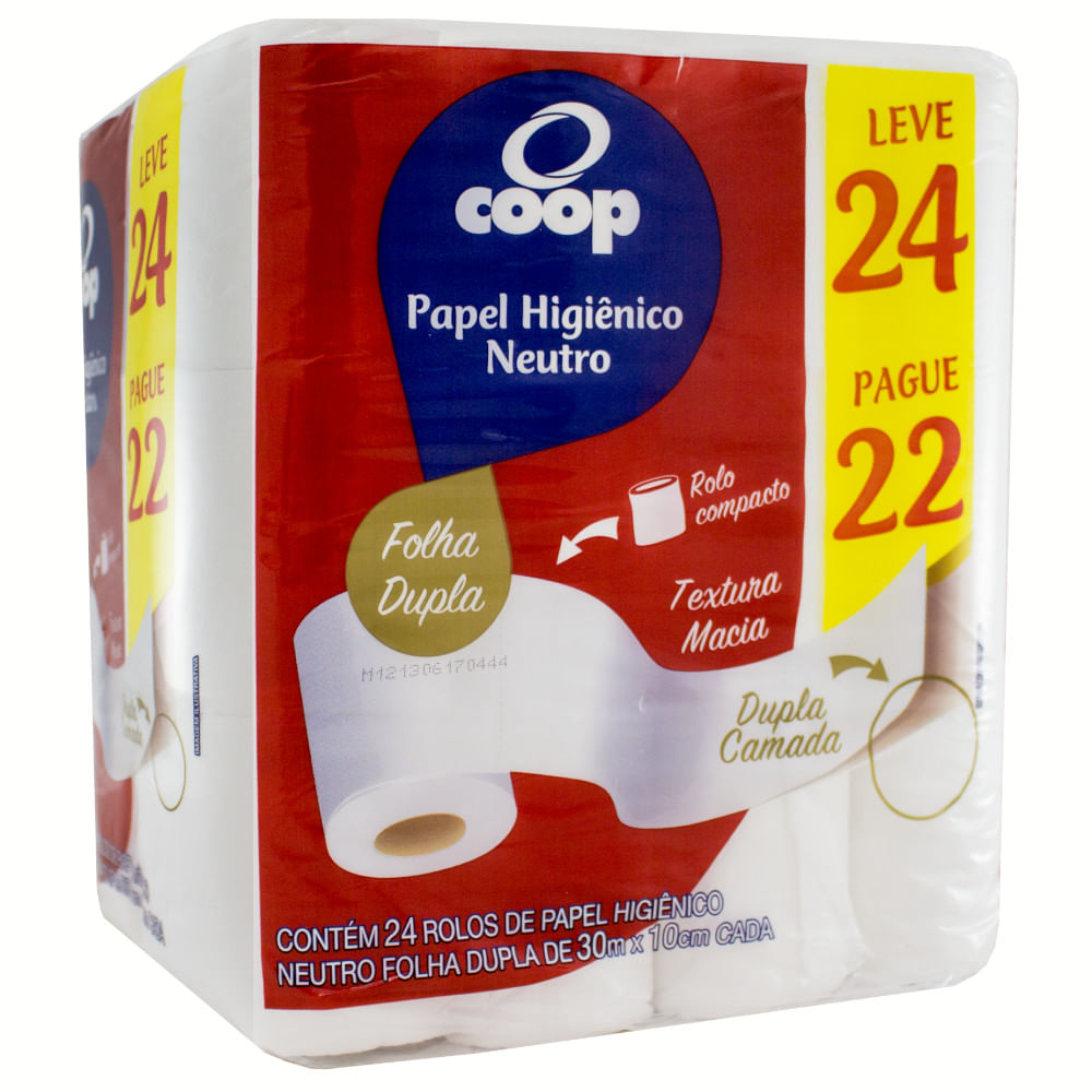 Papel Higiênico Folha Dupla Coop Leve 24 Pague 22 com 30 Metros