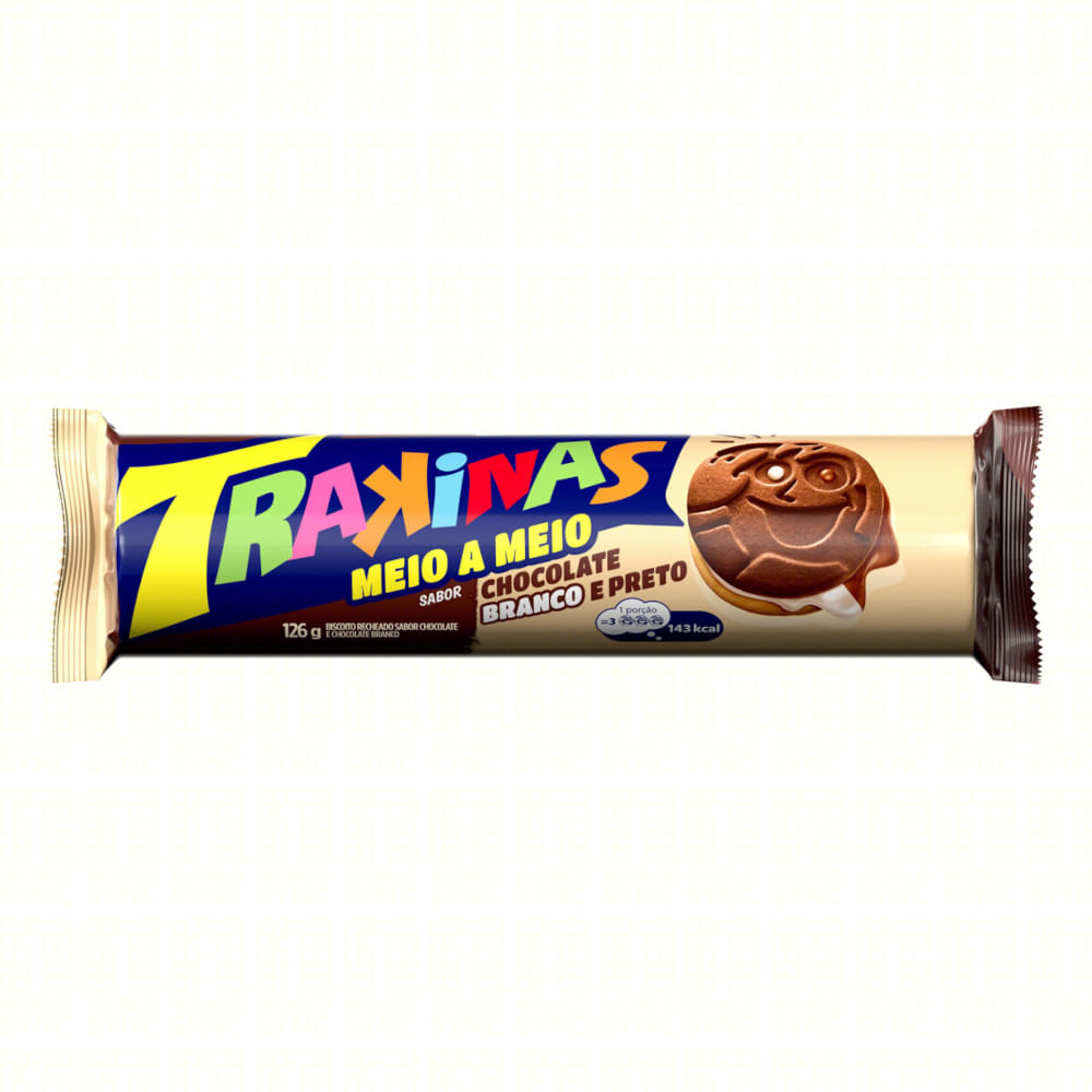 Biscoito Recheado Trakinas Meio Chocolate e Chocolate Branco 136g