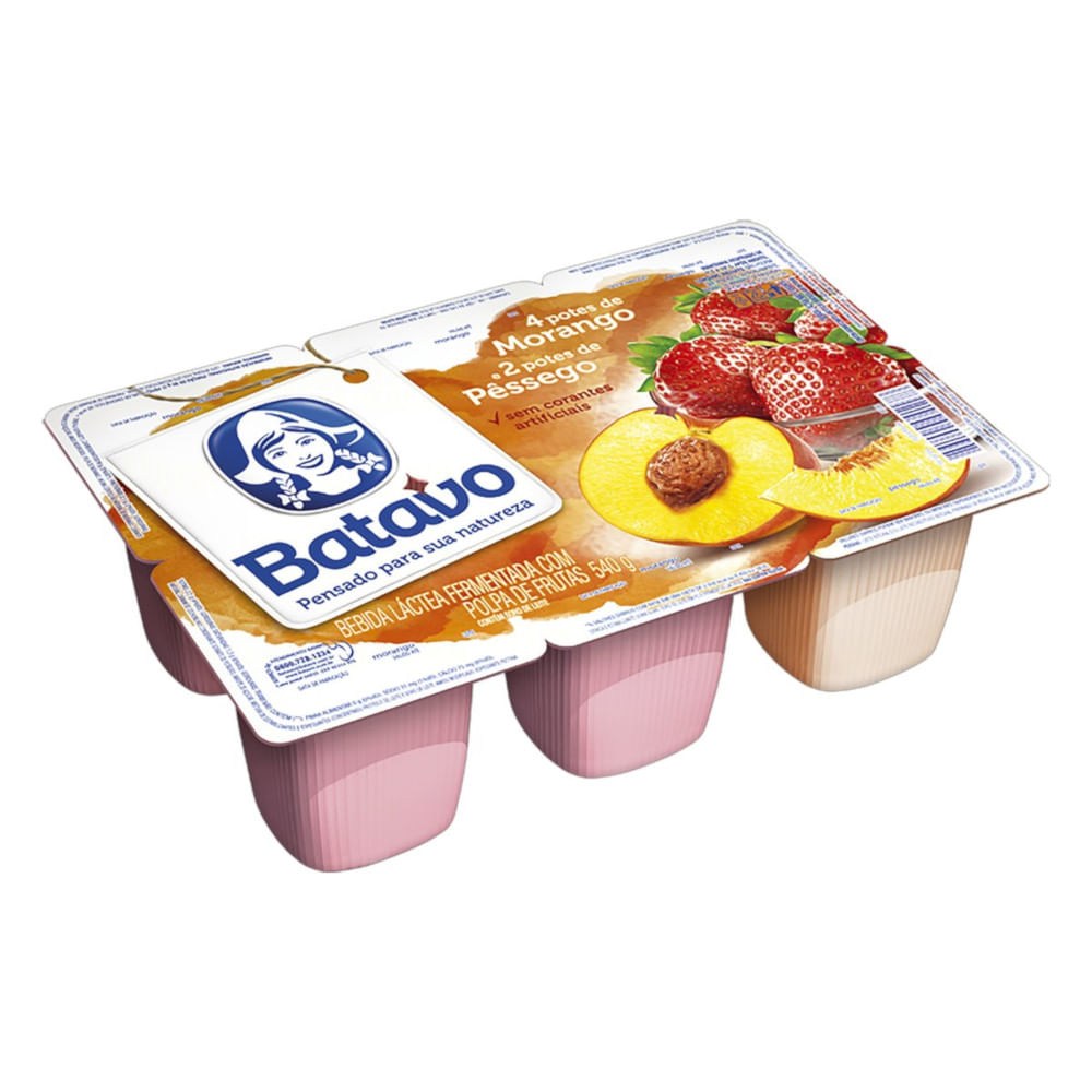 Bebida Láctea Fermentada Morango e Pêssego Batavo Bandeja 540g 6 Unidades