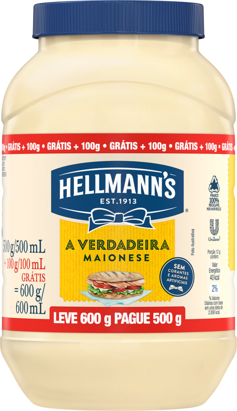 Maionese Hellmann's Tradicional Leve 600 Pague 500g