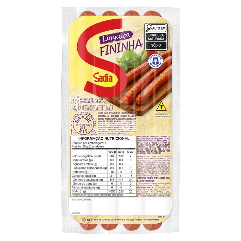 Linguiça Mista Sadia Fininha Cozida Defumada 215g