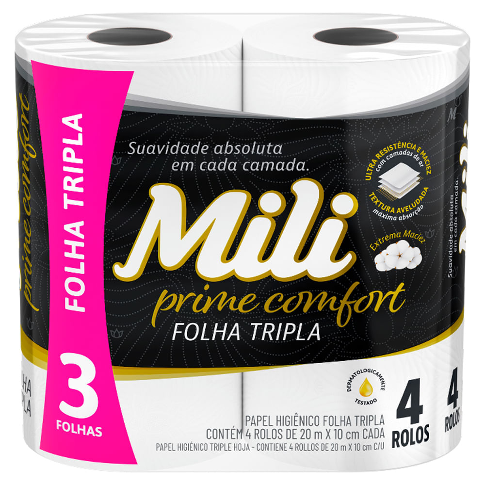 Papel Higiênico Mili Prime Folha Tripla Neutra 20M | Com 4 Rolos