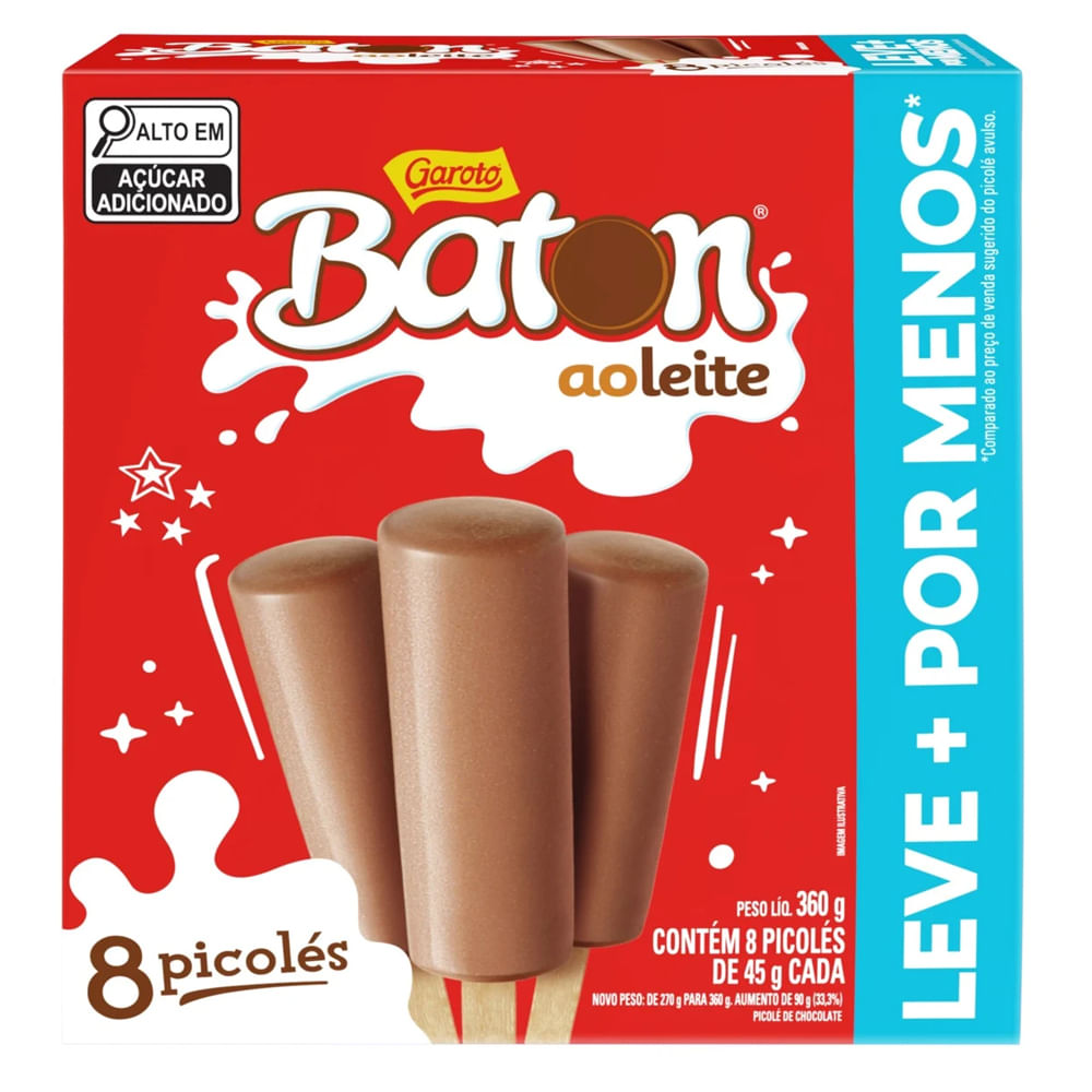 Picolé Garoto Baton ao Leite 45g | Com 8 Unidades