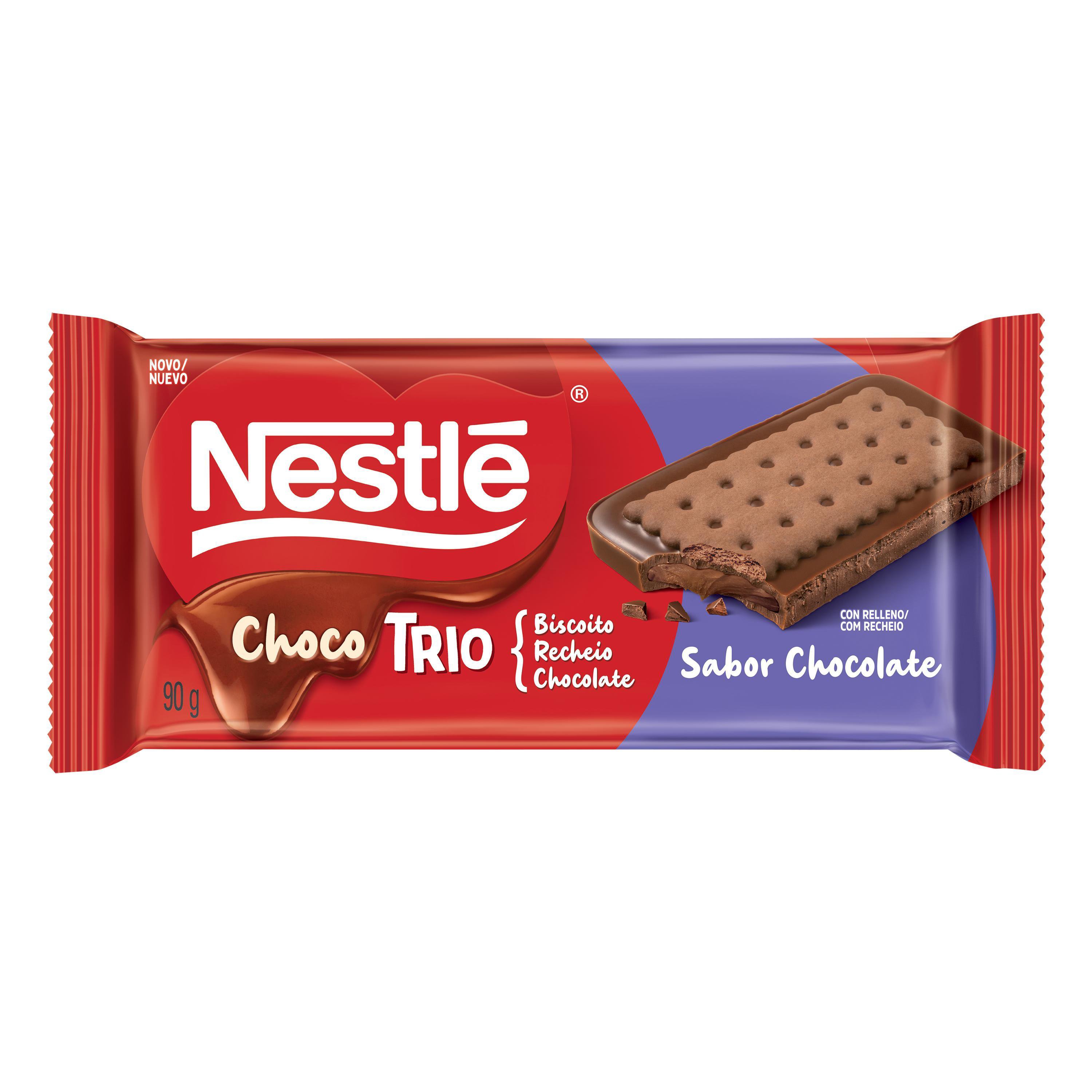 Chocolate em Barra Nestlé Choco Trio ao Leite, Biscoito e Recheio de Chocolate 90g